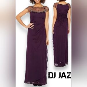 Sizex14 - DJ JAZ Cap Sleeve Beaded Neck Evening Gown Dark Purple Long Dress